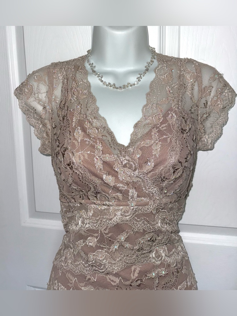 Blu Sage Taupe Lace Whimsigoth / Romantic Tiered Cocktail Dress with Sequins